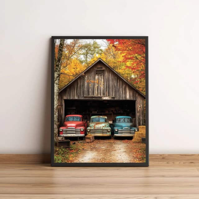 Quadro Caminhonetes Antigas em Celeiro Outonal 2577