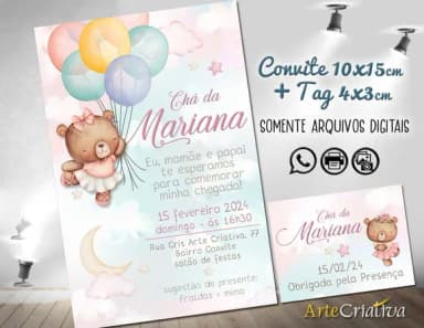 Convite Digital C/tag Chá de Bebê Menina Ursinho Bexiga