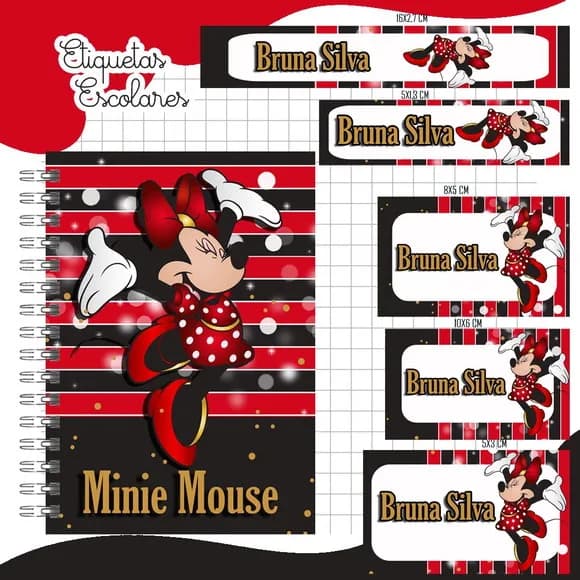 Caderno + Etiquetas + Tag Personalizada + Lápis ( Minnie )
