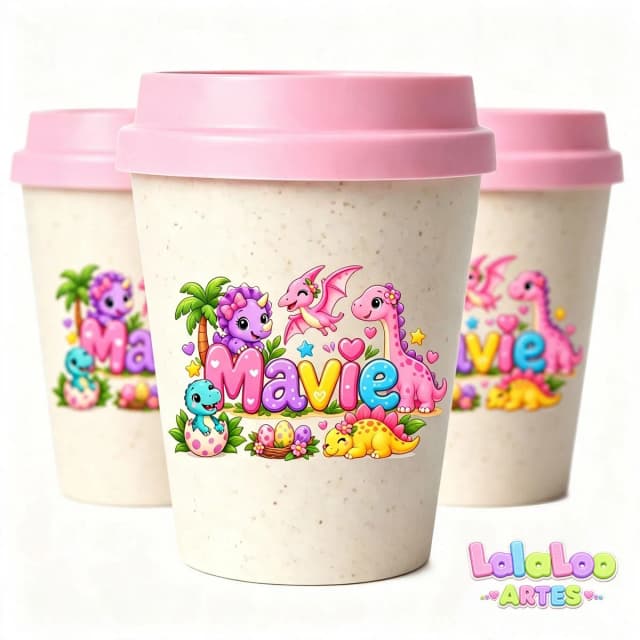 Mini Copo Dinossauro Baby menina Eco Madeira 250ml com Tampa Bucks Primeira Volta ao Sol