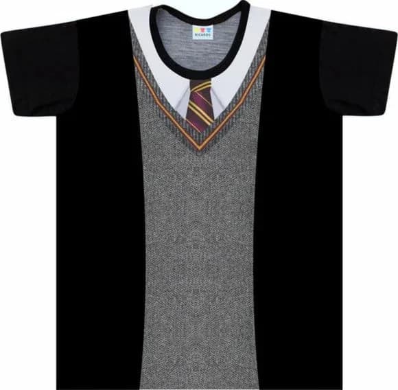 Camiseta Infantil Fantasia Uniforme de Escola de Magia com Gravata Listrada
