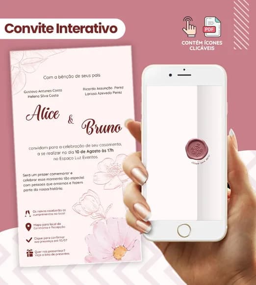 Convite Digital Interativo Casamento Floral Bordô