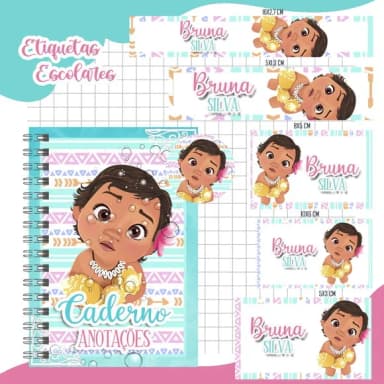 Caderno + Etiquetas + Tag Personalizada + Lápis ( Moana )