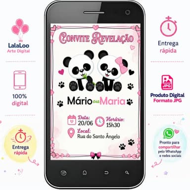 Convite Digital Chá Revelação Tema Pandas – Arte para Compartilhar pelo WhatsApp