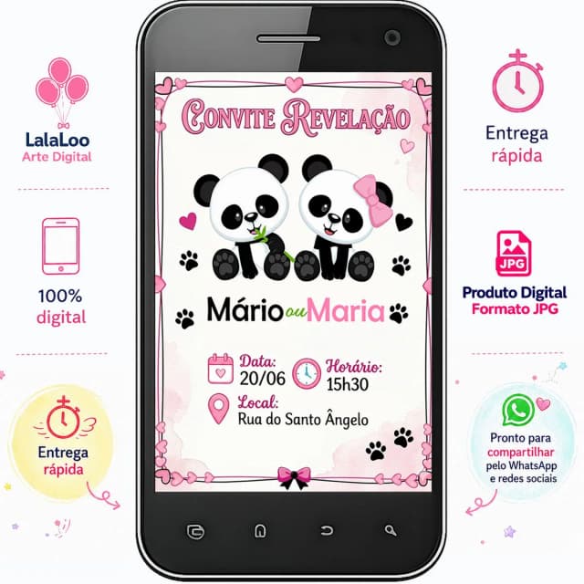 Convite Digital Chá Revelação Tema Pandas – Arte para Compartilhar pelo WhatsApp