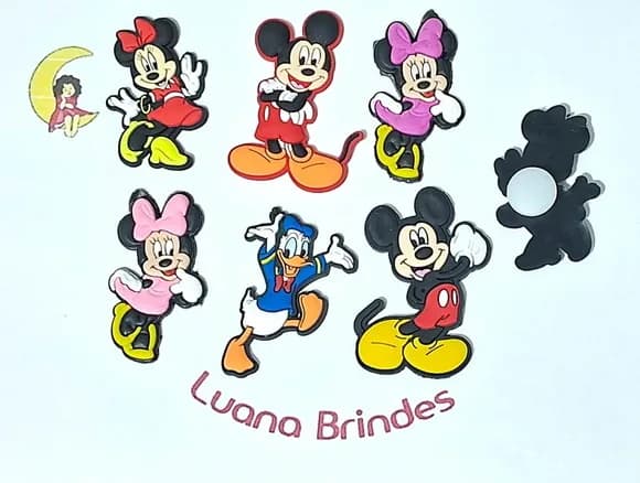 Aplique Mickey e Minnie C/adaptador pra Crocs - 6 Unidades