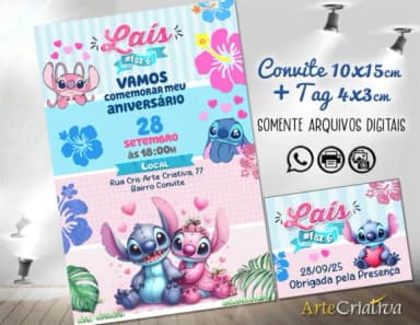 Convite Digital C/tag Stitch Disney Corações