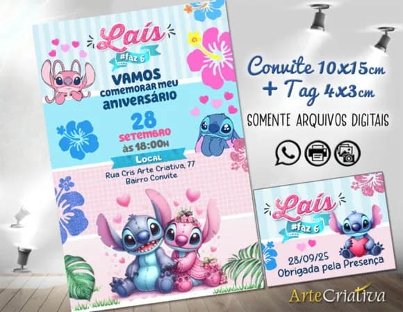 Convite Digital C/tag Stitch Disney Corações