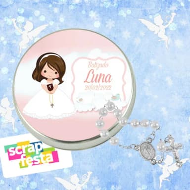 Latinhas Personalizadas Festa Batizado + Mini Terço Branco