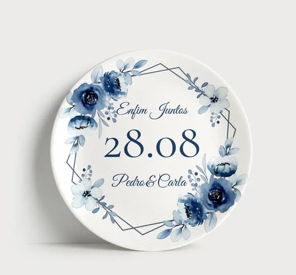 Prato Decorativo para Casamento: Enfim Juntos, Floral Azul