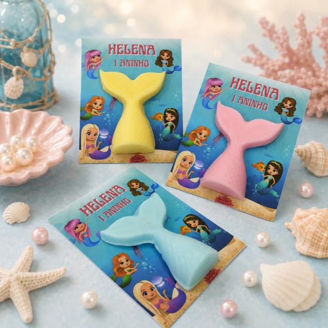 35 uni Lembrancinha Mini Sabonete Calda/ Rabo de Sereia Perfumado no Cartão Aniversário, Chá de Bebê, Batizado e etc.