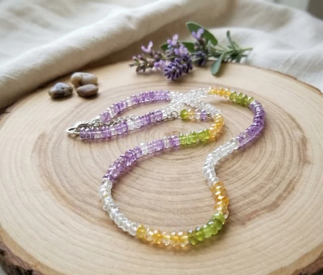 Colar Choker Cristal Ametista, Cristal Peridoto, Cristal Citrino e Cristal Transparente - Aço Inox