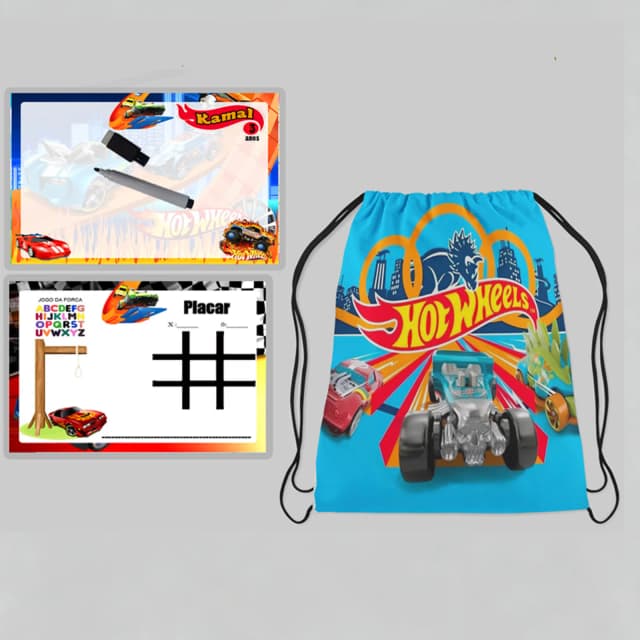 Kit Mochilinha e Lousa Magica Personalizada lembrancinhas da Hot Wheels