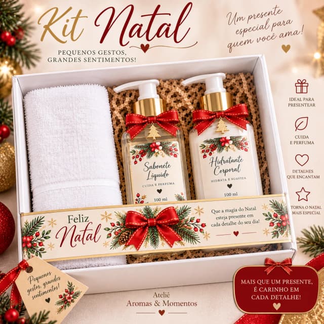 Kit Presente de Natal com Sabonete Líquido, Hidratante e Toalhinha