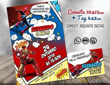 CONVITE DIGITAL C/TAG Cartoon Homem Aranha e Homem de Ferro