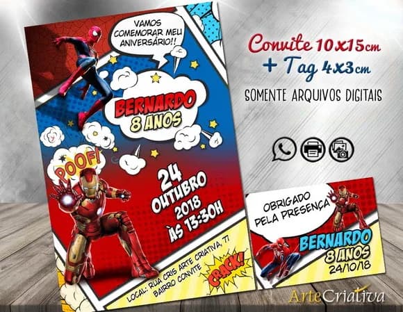 CONVITE DIGITAL C/TAG Cartoon Homem Aranha e Homem de Ferro