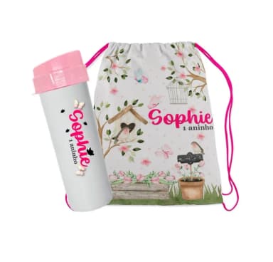 kit mochilinha e Garrafinha tema Jardim Encantado