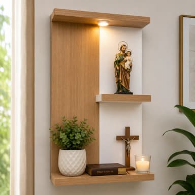 Altar de Devoção de Parede com LED em MDF Amadeirado e Branco 54x30cm