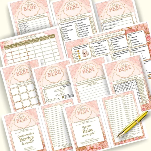 Kit 4 Brincadeiras Chá de Brincadeiras para Imprimir PDF Personalizado