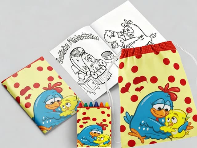 Kit Mochila e Revista de colorir para lembrancinha da Galinha Pintadinha