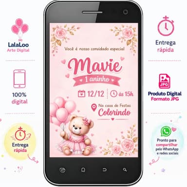 Convite Digital Tema Ursinha | Arte para Compartilhar pelo WhatsApp