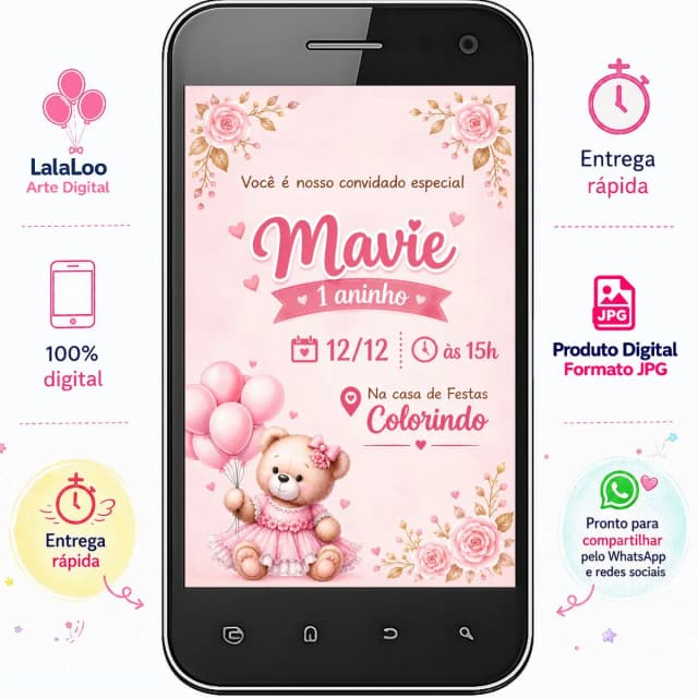 Convite Digital Tema Ursinha | Arte para Compartilhar pelo WhatsApp