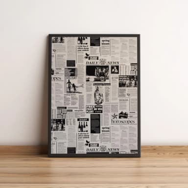 Quadro com estampa de jornal vintage em preto e branco 2641