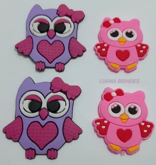Apliques Corujas Lilás e Rosa de Borracha - Pct com 6 Unid
