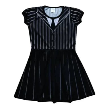 Vestido Infantil Listrado Preto e Branco Estampa Terno com Gravata