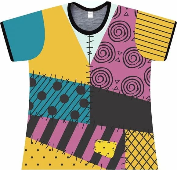 Blusa Adulto Fantasia Boneca de Pano Retalhos Coloridos com Costuras