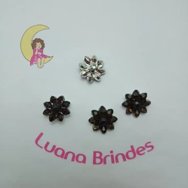 Botão Flor Fundo Prata Preto de Acrilico 2,2cm 14 Unids