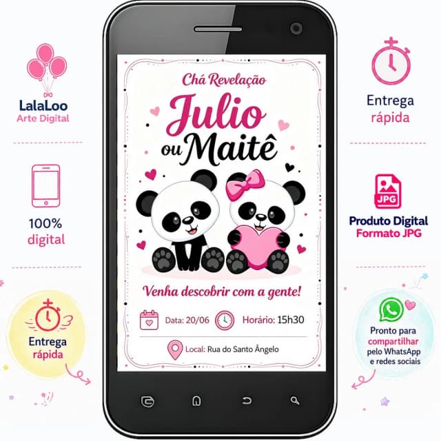 Convite Digital Chá Revelação Tema Pandas – Arte para Compartilhar pelo WhatsApp