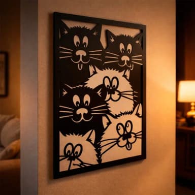 Quadro Decorativo Vazado Seis Gatos 3d Preto mdf