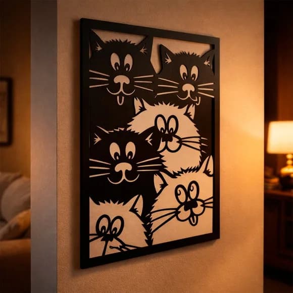 Quadro Decorativo Vazado Seis Gatos 3d Preto mdf