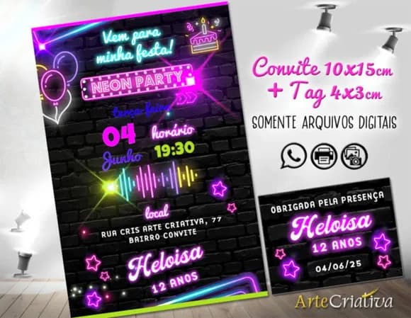Convite Digital C/tag Neon Party 2