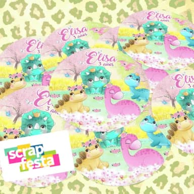 Adesivo 5 cm Redondo Personalizado Festa Dinossauro Aquarela