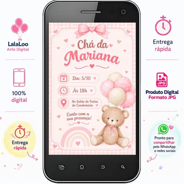 Convite Digital Cha de Bebê Tema Ursinha | Arte para Compartilhar pelo WhatsApp