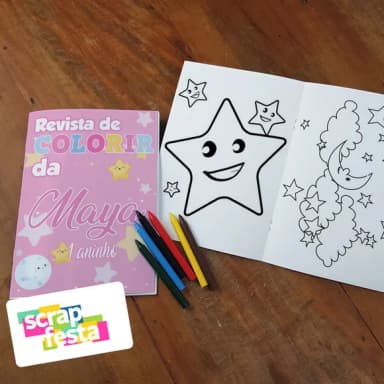 Revista Colorir + Giz Cera Festa Brilha, Brilha Estrelinha