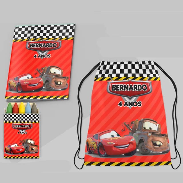 Kit Lembrancinhas Mochila e Revista de colorir personalizado dos Carros Disney