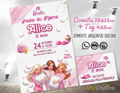 Convite Digital C/tag Boneca Barbie Festa do Pijama 2