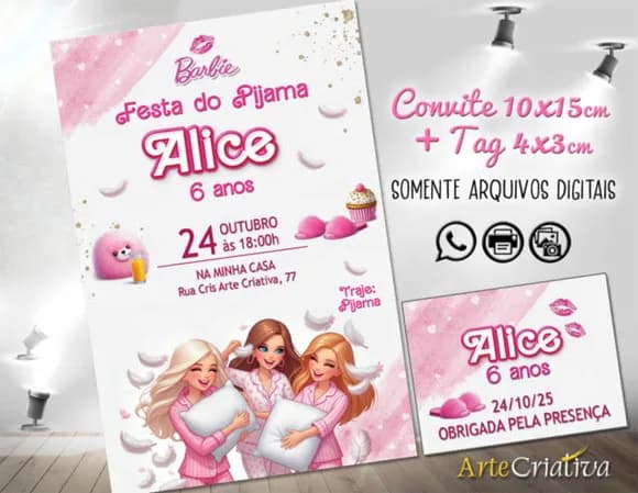 Convite Digital C/tag Boneca Barbie Festa do Pijama 2