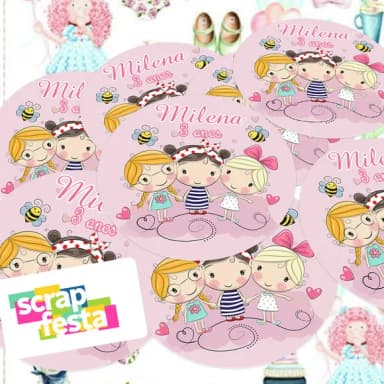 Adesivo 5 cm Redondo Personalizado Festa Bonecas