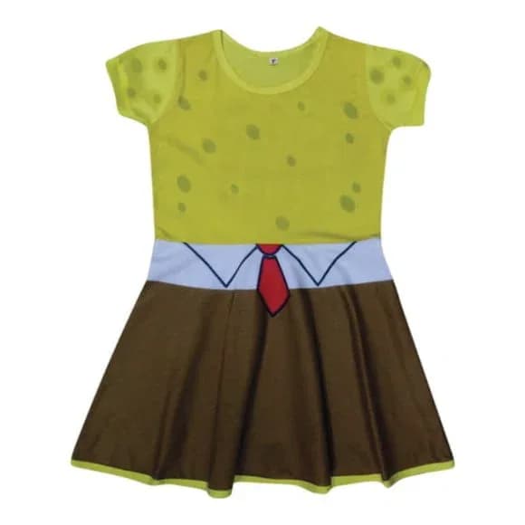 Vestido Infantil Fantasia Esponja Amarela com Gravata Vermelha