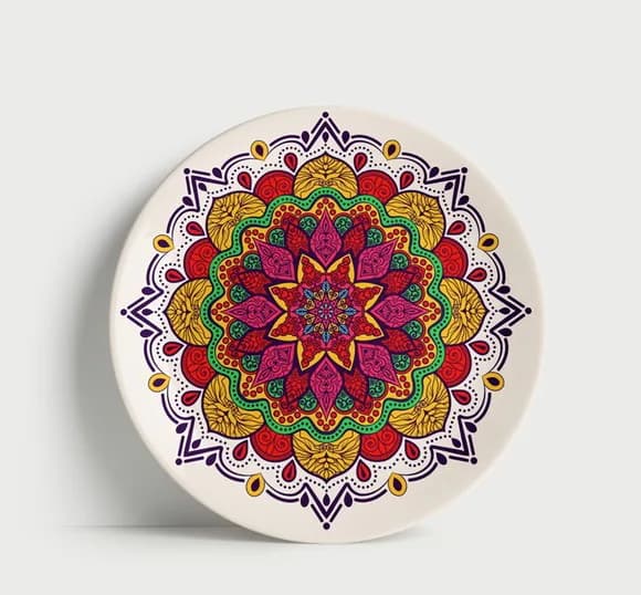 Prato Decorativo Mandala Geométrica Colorida 21cm Porcelana