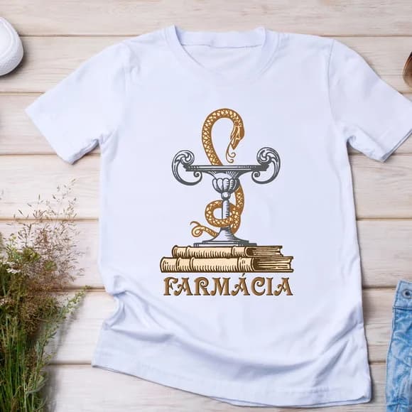 Camiseta Profissão Farmácia - Taça de Higia e Estilo Vintage