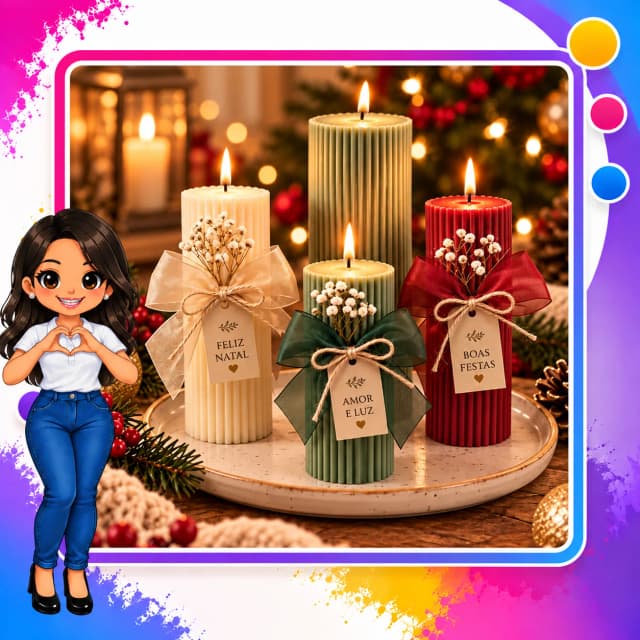 Kit Velas Natalinas Decorativas com Laços e Tags – Enfeite e Presente de Natal