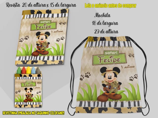 Kit Lembrancinhas Mochila e Revista de colorir do Mickey Safari