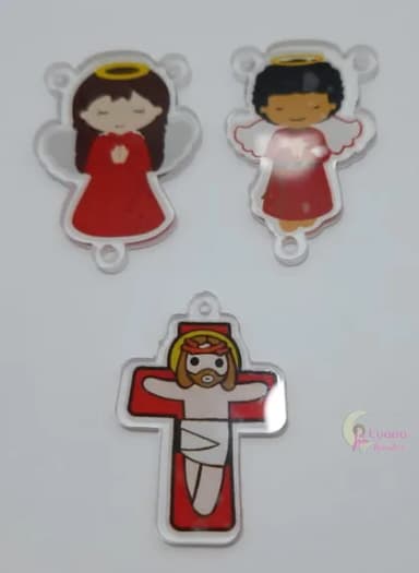 Kit Terço Anjinho e Crucifixo Vermelho acrílico-pct c/2 kits