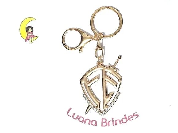 Chaveiro Fé Dourado com Strass 6cm Pacote com 2 Unidades