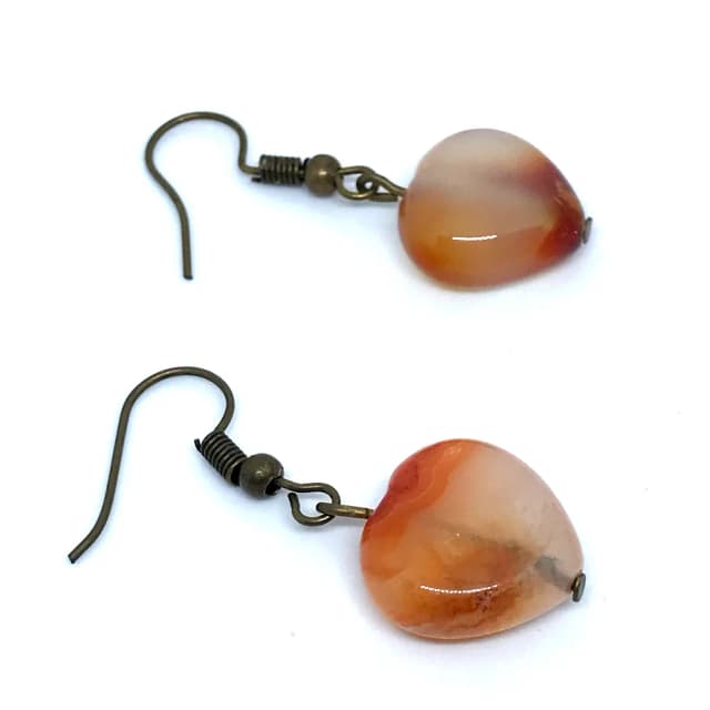 Brinco Ouro Velho Coração Ágata Natural (Estilo Boho / Vintage)